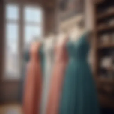 A selection of elegant dresses on display in a boutique