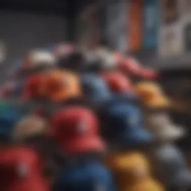 Colorful baseball caps arranged on a decorative rack