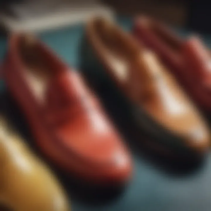 Close-up view of the craftsmanship behind color block loafers, highlighting materials and stitching.