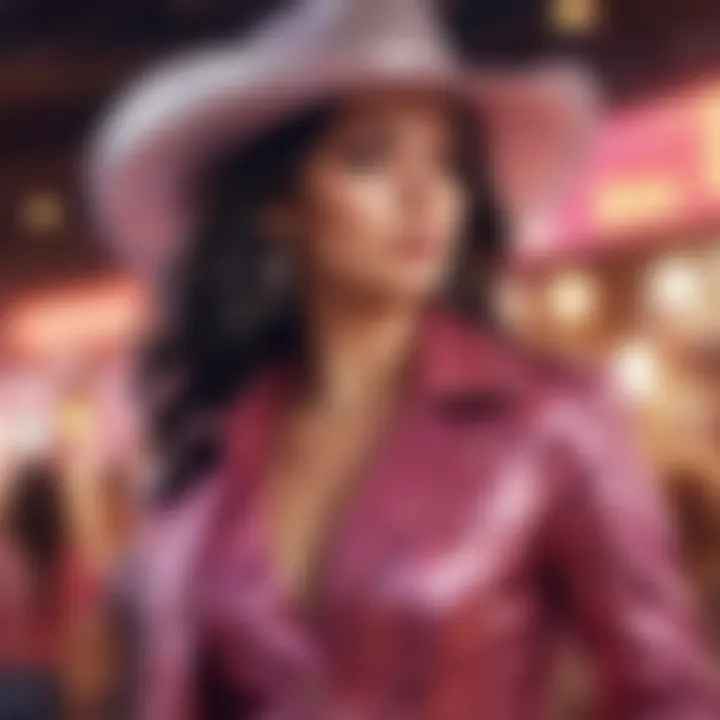 A vibrant disco cowgirl outfit showcasing a sequined fringe jacket and cowboy hat