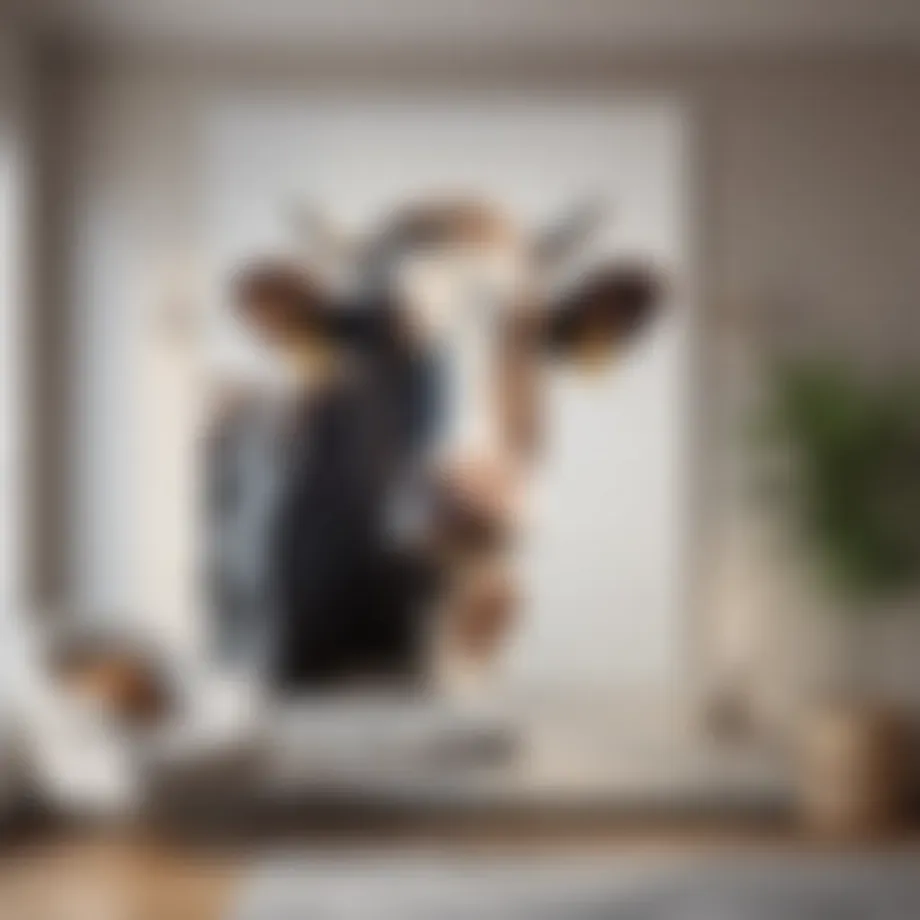 Charming cow print wall decal in a modern living room setting