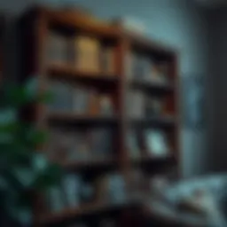 A vintage bookshelf adorned with classic literature and dark decor elements