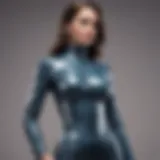 A sleek and stylish latex outfit set displayed on a mannequin