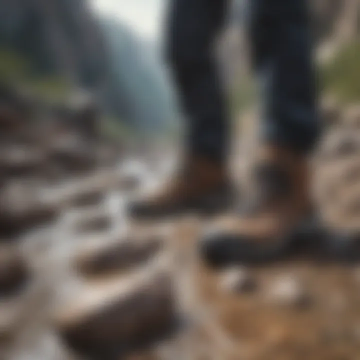 Man testing water shoes on rocky terrain