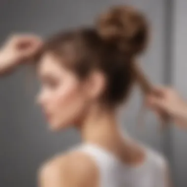 An individual demonstrating the application of clip-in hair extensions for a messy bun.