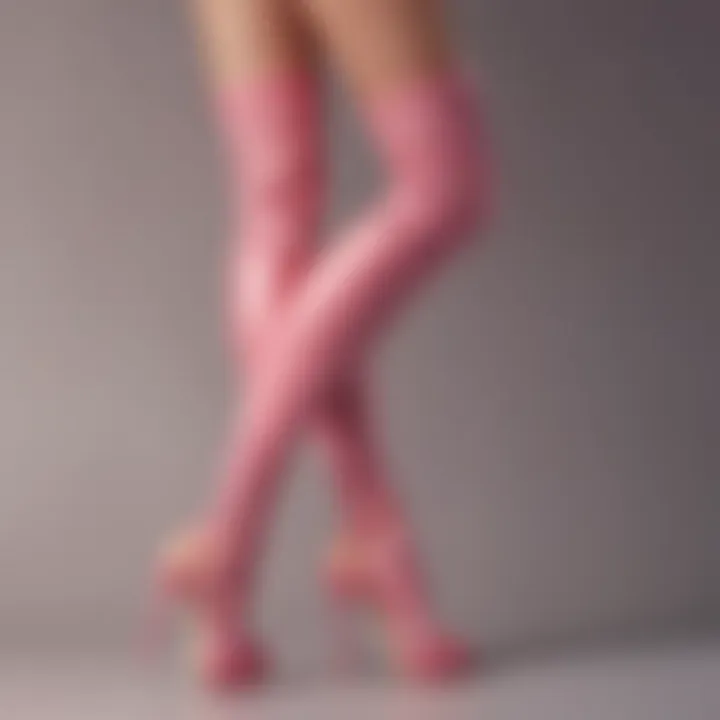 Close-up of pink thigh high heels highlighting intricate design.