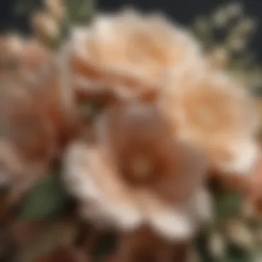 Intricate Floral Designs in Champagne Corsage A close-up view of intricate floral designs in a champagne corsage.