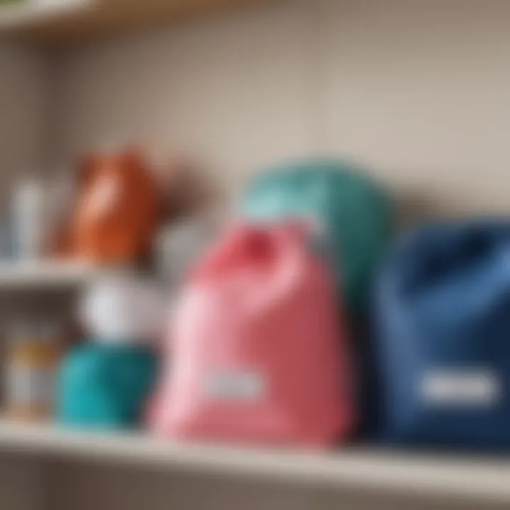 Colorful drawstring toiletry bags organized on a shelf