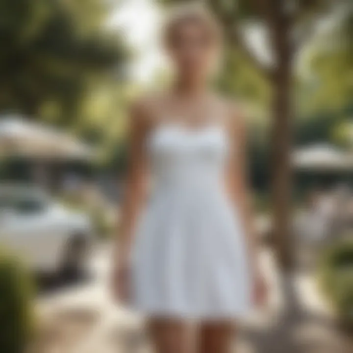 Outdoor setting showcasing a model wearing a white bandeau dress