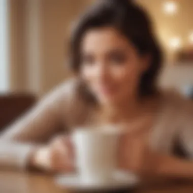 A heartwarming scene of a mother enjoying coffee from a funny mug