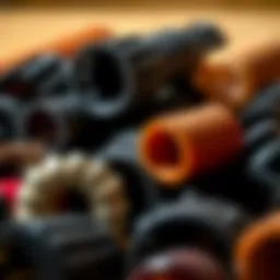 Close-up of different types of hair rollers arranged aesthetically