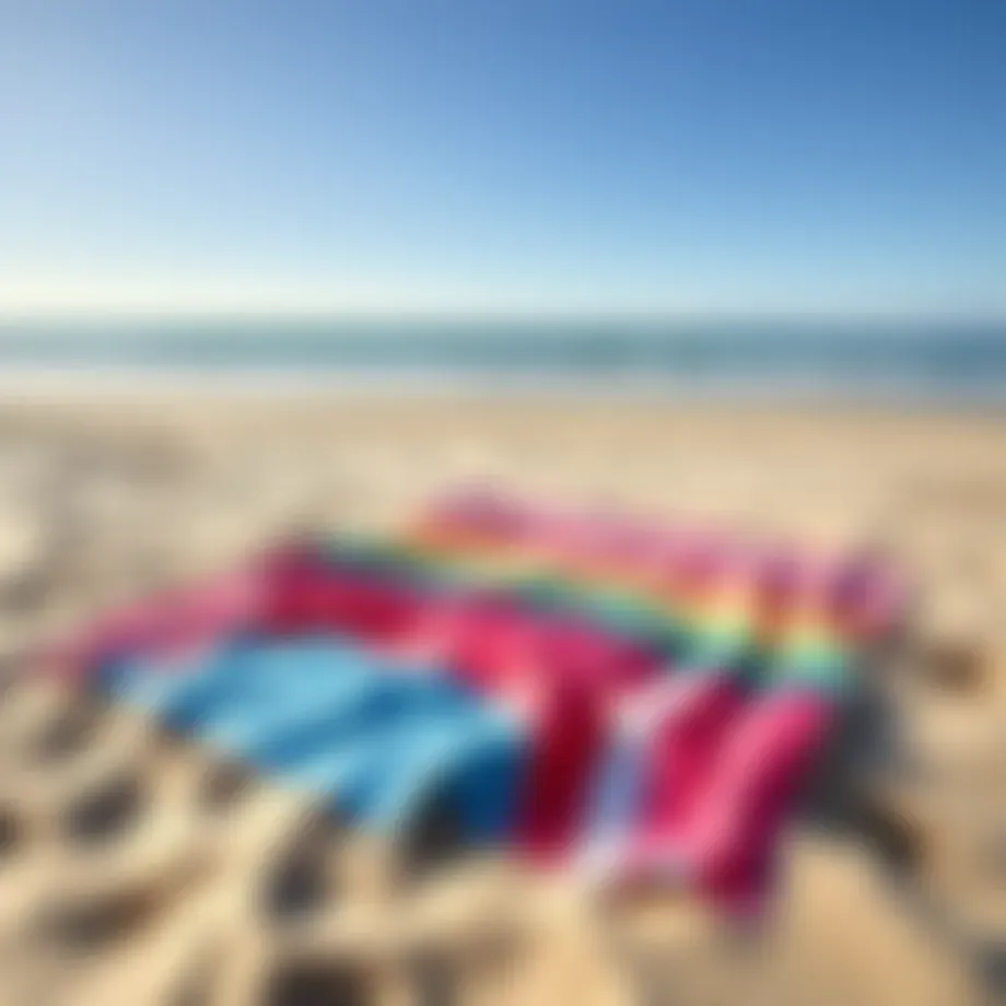 A vibrant extra large beach blanket spread out on the sand with a beautiful ocean view