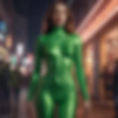 An artistic depiction of neon green bodysuits in a cultural context