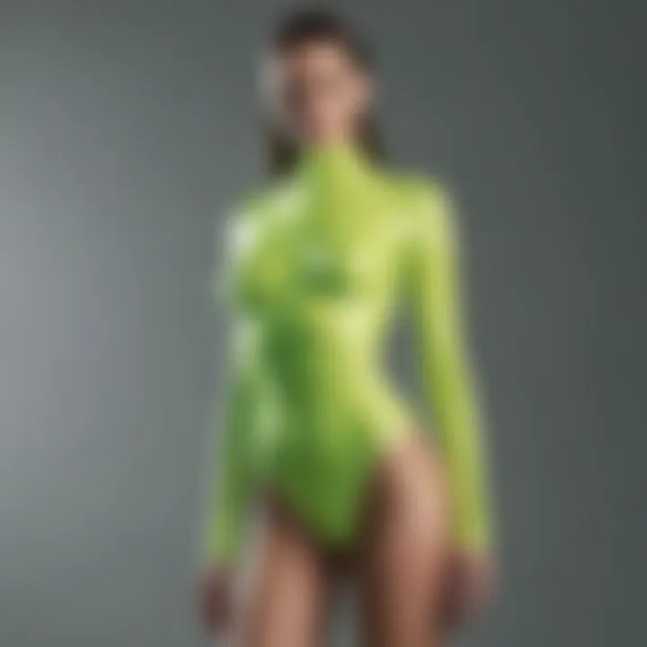 A striking neon green bodysuit showcased on a minimalist runway