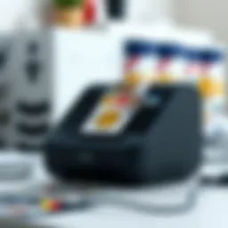 A sleek Phomemo sticker printer displaying various stickers