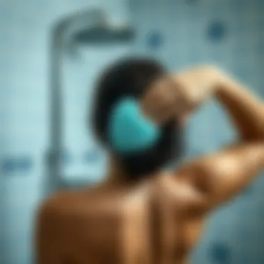 Usage of Silicone Hair Scrubber in Shower Silicone hair scrubber being used in the shower with hair care products