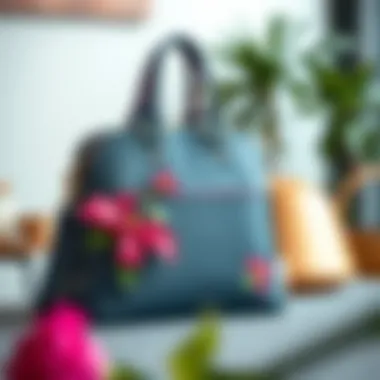 A stylishly adorned stitch book bag set against a contemporary backdrop