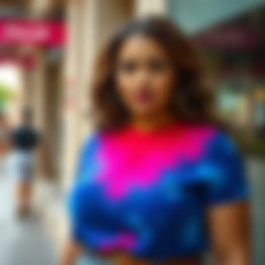 Curvy lady showcasing a stylish t-shirt in a vibrant color