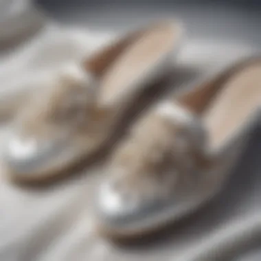 A close-up of handcrafted pearl slippers showcasing intricate details