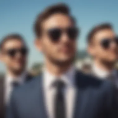 Groomsmen wearing sunglasses at a wedding celebration