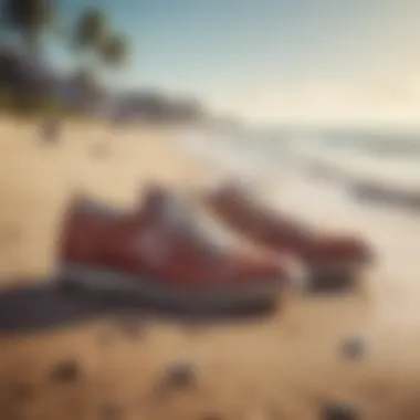 Stylish swim shoes on a sandy beach