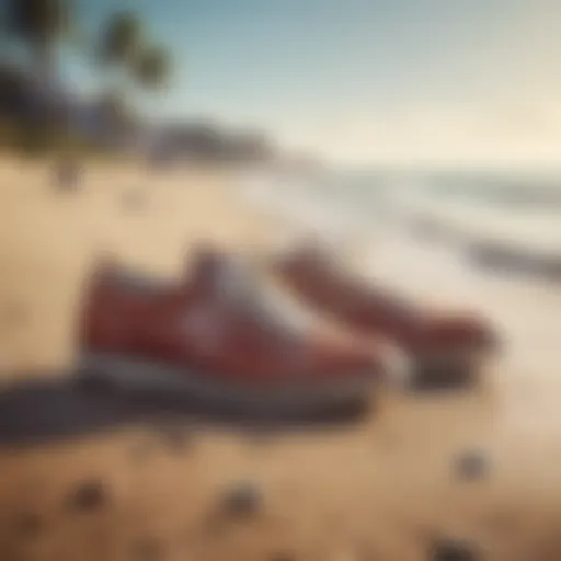 Stylish swim shoes on a sandy beach