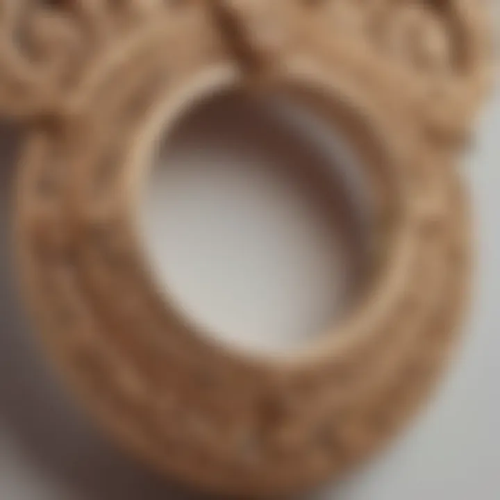 A close-up view of a large septum ring adorned with intricate designs.