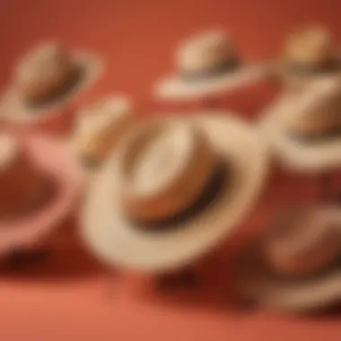 A selection of stylish straw hats suitable for ponytails, displayed on a vibrant background.