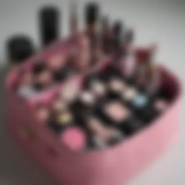 An organized makeup bag showcasing various compartments filled with cosmetics.