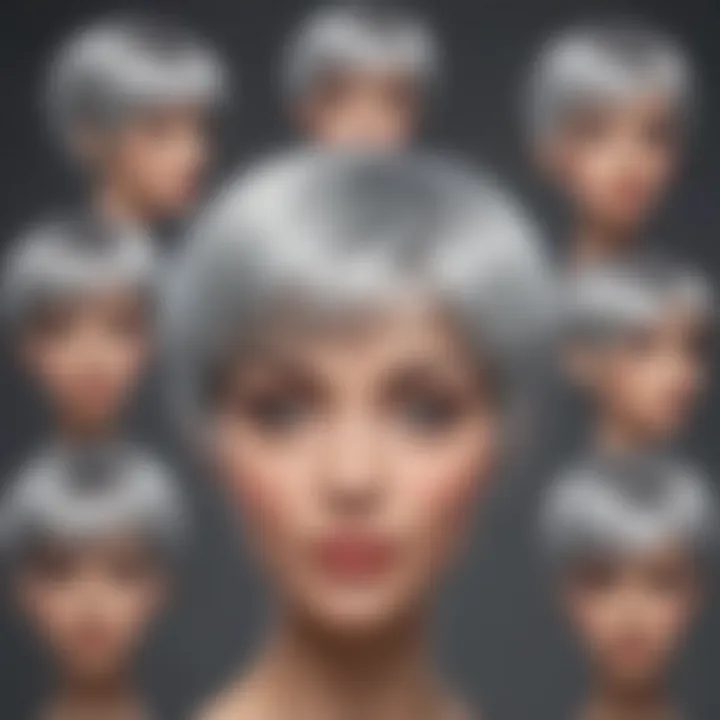 Artful display of short grey pixie wigs in different styles