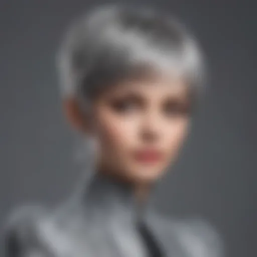 Elegant short grey pixie wig styled with accessories