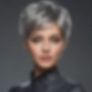 Close-up of textured short grey pixie wig showcasing highlights