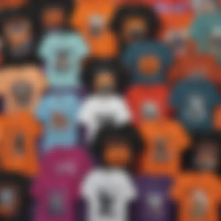 A vibrant display of various Halloween t-shirts on a colorful background