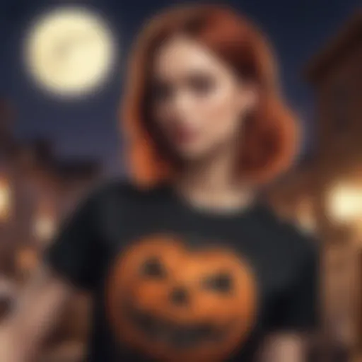 A stylish woman wearing a Halloween-themed t-shirt with spooky graphics